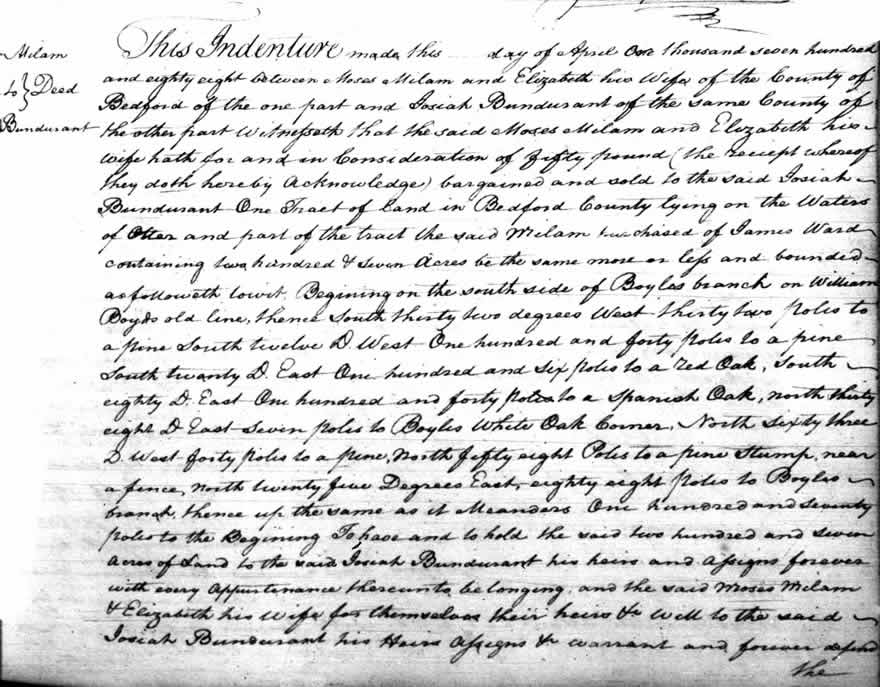 Moses Milam Deed to Josiah Bondurant April 1788